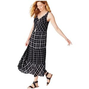 J. Jill Black Sleeveless Mixed Media Plaid V-Neck Midi Dress sz LP